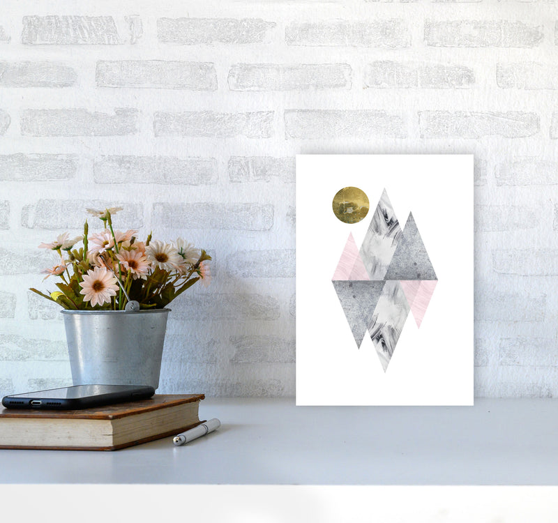 Pink And Grey Diamonds With Gold Moon Abstract Modern Print A4 Black Frame