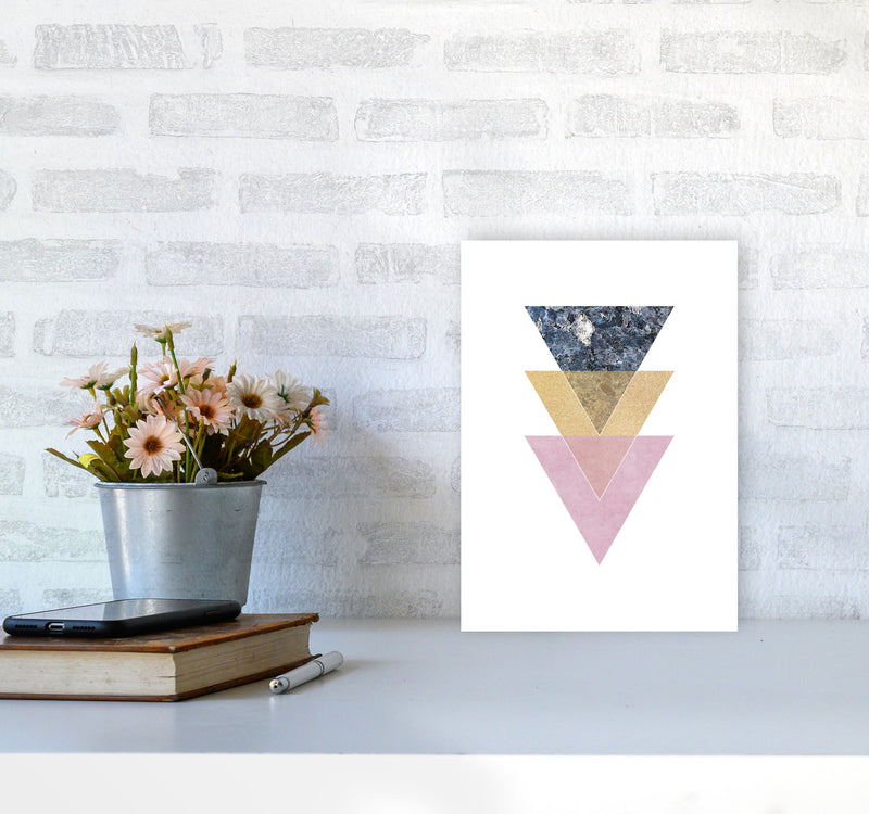 Blue, Gold And Pink Abstract Triangles Modern Print A4 Black Frame