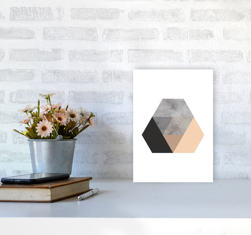 Peach And Black Abstract Hexagon Modern Print A4 Black Frame