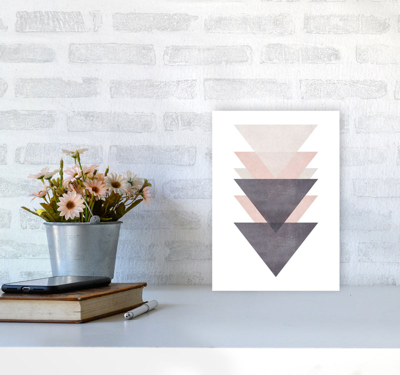 Cotton, Pink And Grey Abstract Triangles Modern Print A4 Black Frame