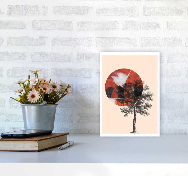 Red Sun And Tree Abstract Modern Print A4 Black Frame