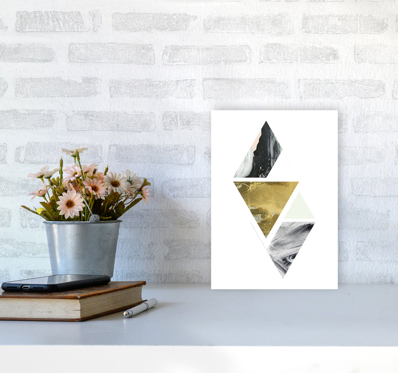 Textured Peach, Green And Grey Abstract Triangles Modern Print A4 Black Frame