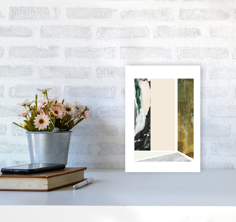 Textured Peach, Green And Grey Abstract Rectangle Shapes Modern Print A4 Black Frame