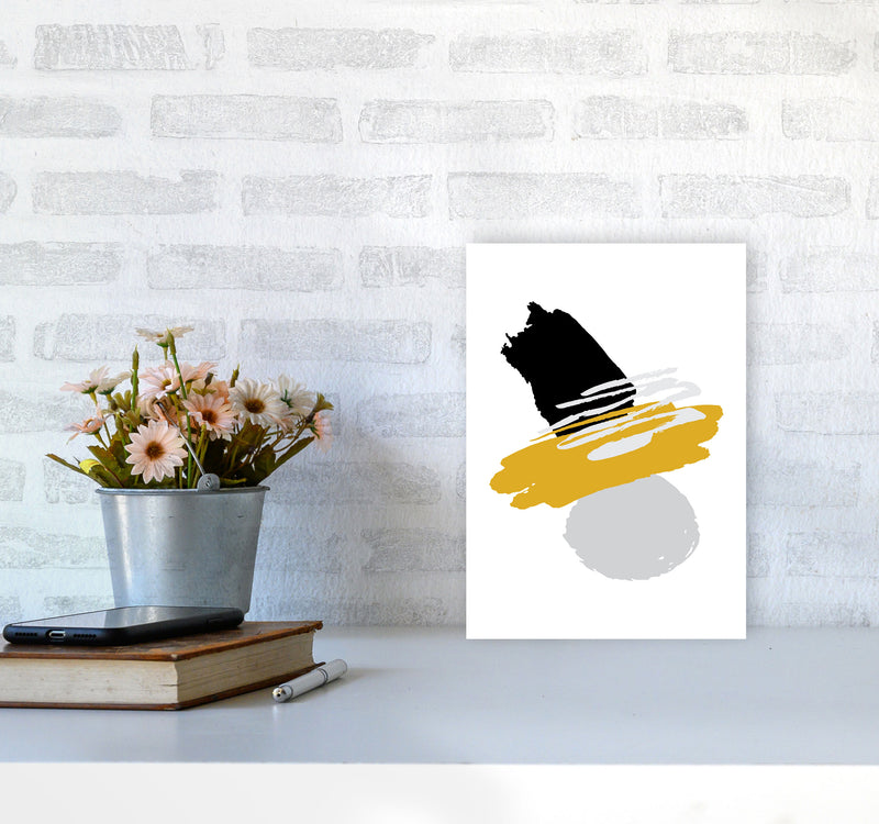 Mustard And Black Abstract Paint Shapes Modern Print A4 Black Frame