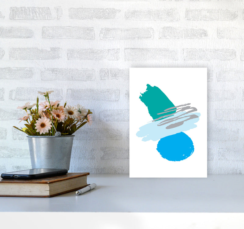 Blue And Teal Abstract Paint Shapes Modern Print A4 Black Frame