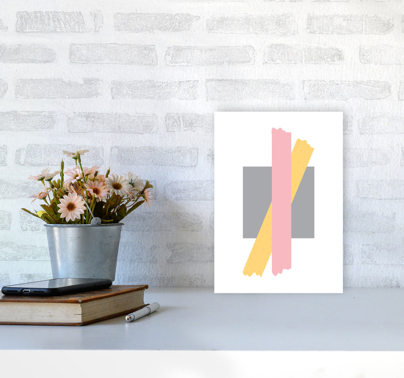 Grey Square With Pink And Yellow Bow Abstract Modern Print A4 Black Frame