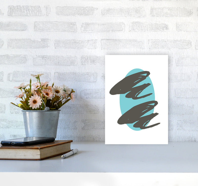Abstract Teal Oval With Brown Strokes Modern Print A4 Black Frame