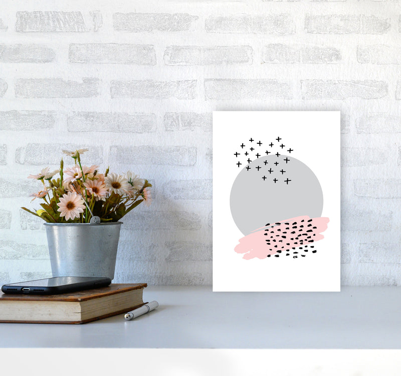 Abstract Grey Circle With Pink And Black Dashes Modern Print A4 Black Frame