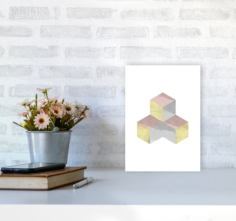 Gold, Pink And Grey Abstract Cubes Modern Print A4 Black Frame
