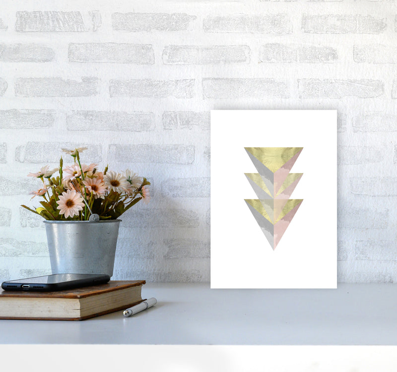 Gold, Pink And Grey Abstract Triangles Modern Print A4 Black Frame