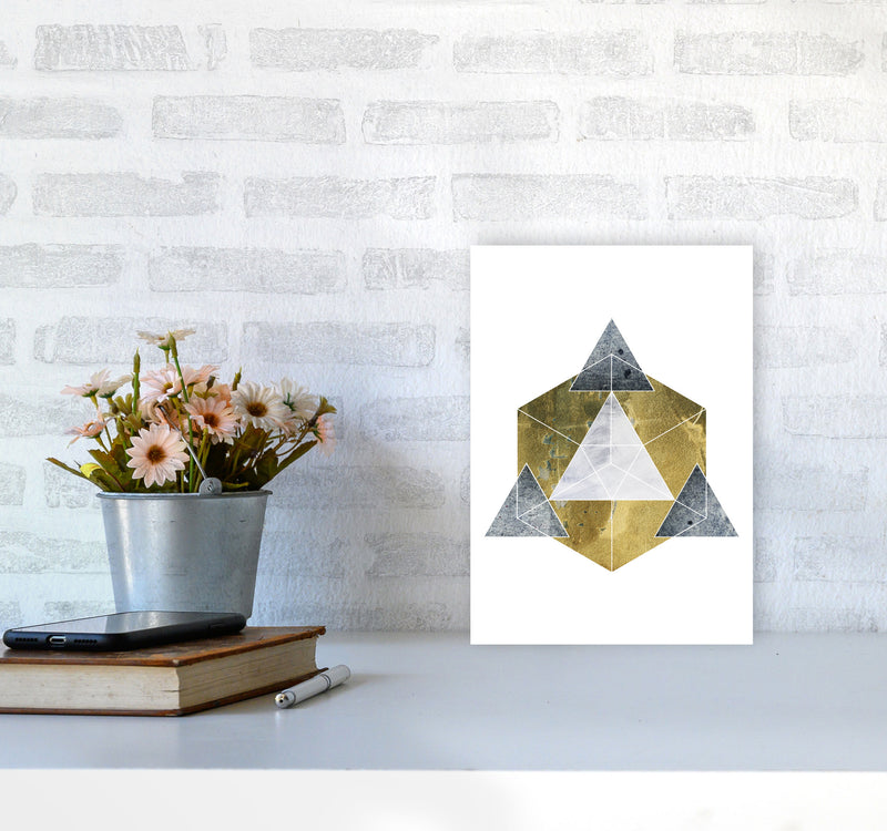 Gold Cube And Grey Geo Abstract Modern Print A4 Black Frame