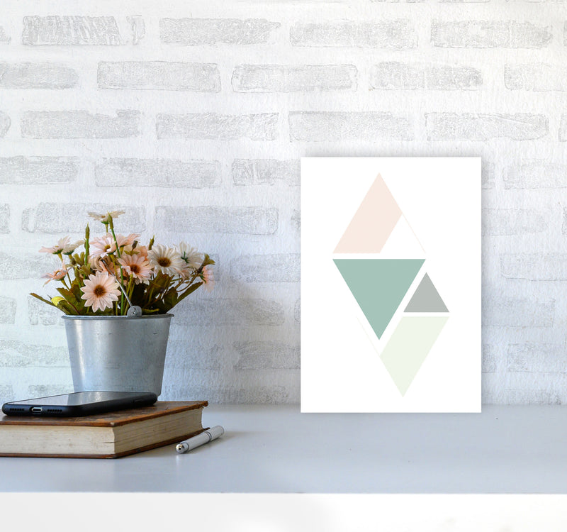 Peach, Green And Grey Abstract Triangles Modern Print A4 Black Frame
