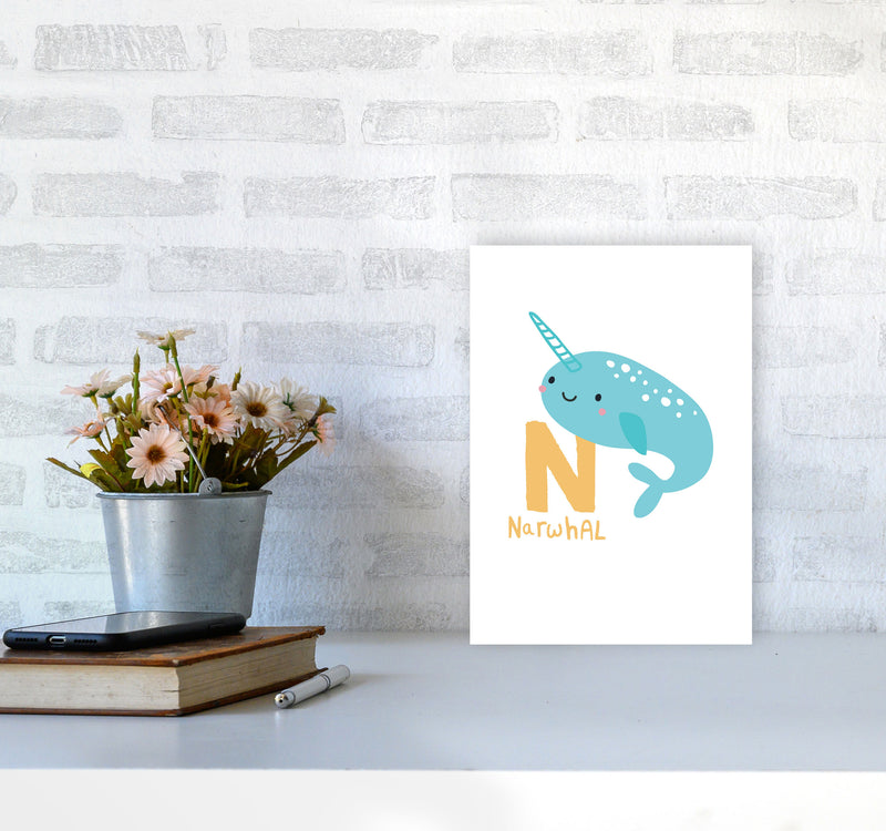 Alphabet Animals, N Is For Narwhal Framed Nursey Wall Art Print A4 Black Frame