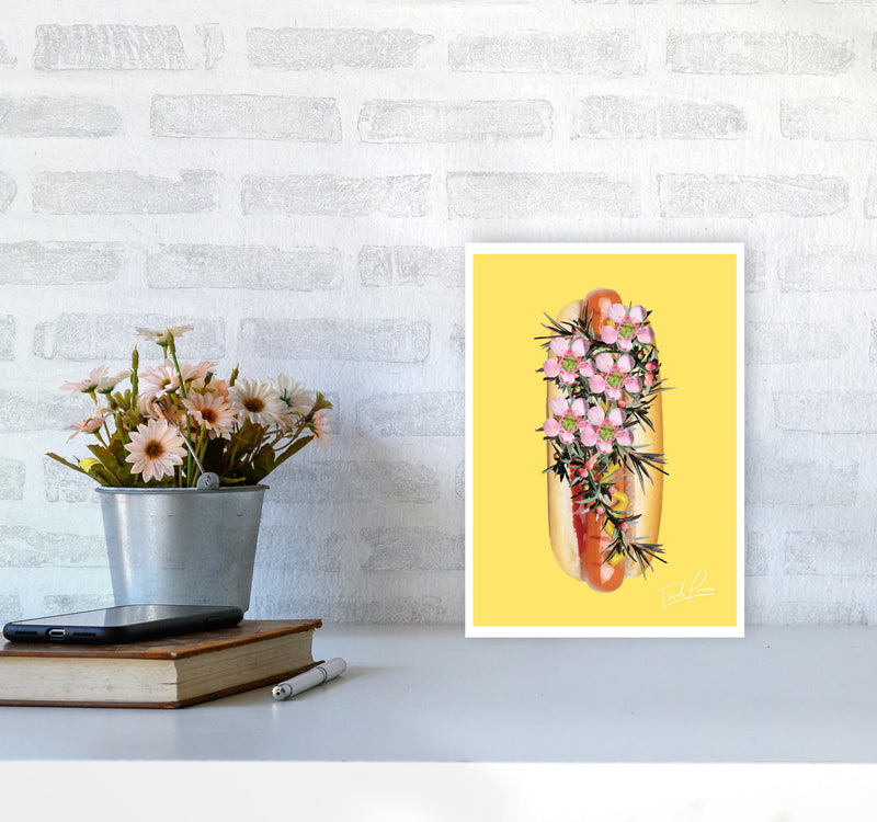 Yellow Hot Dog Food Print, Framed Kitchen Wall Art A4 Black Frame
