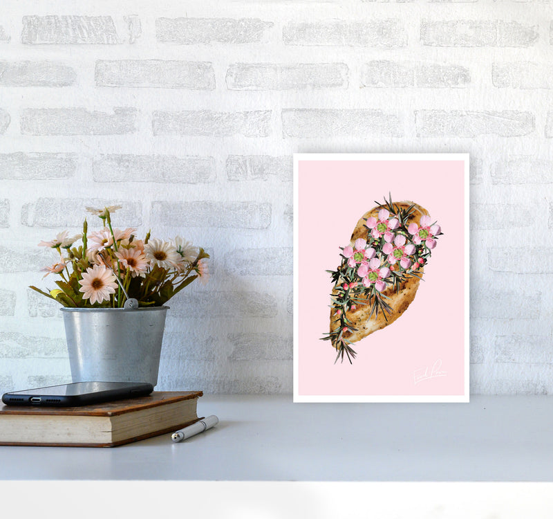 Pink Chicken Floral Food Print, Framed Kitchen Wall Art A4 Black Frame