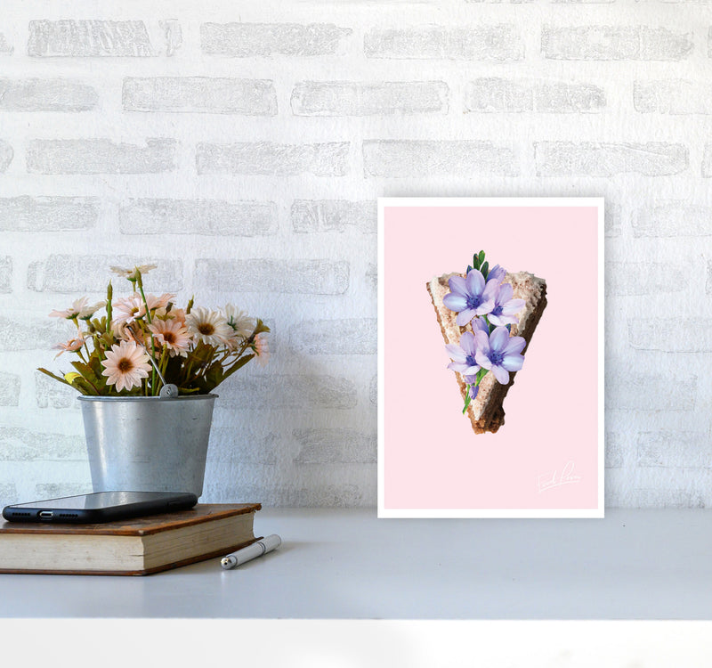 Pink Coffee Cake Floral Food Print, Framed Kitchen Wall Art A4 Black Frame