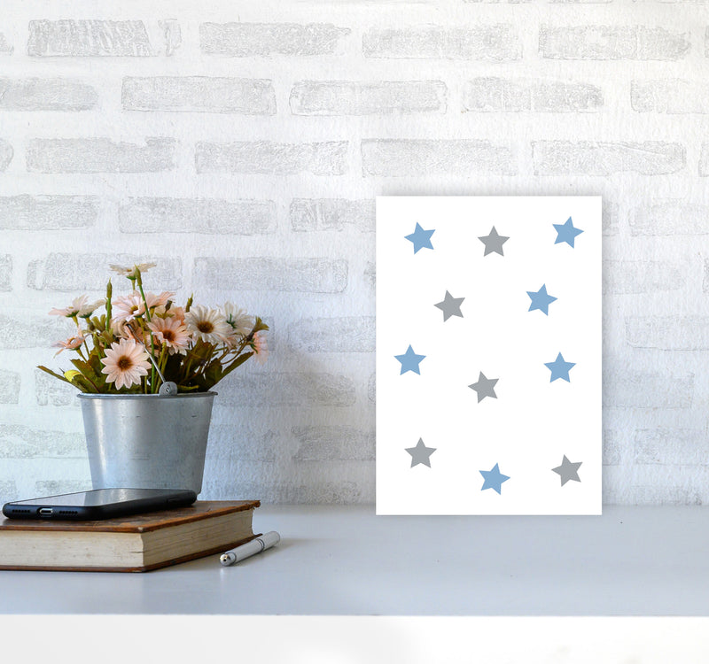 Blue And Grey Stars Framed Nursey Wall Art Print A4 Black Frame