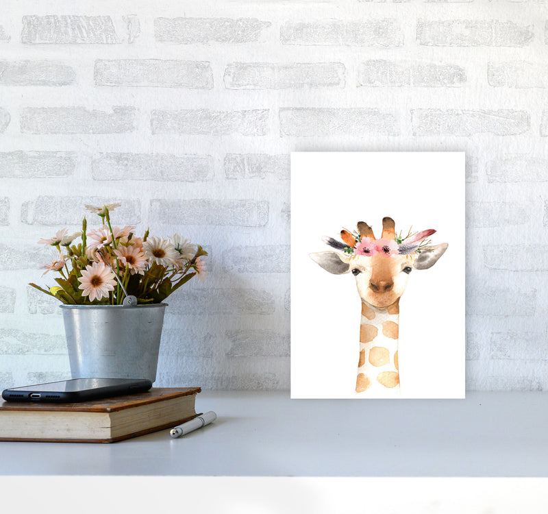 Forest Friends, Floral Cute Giraffe Modern Print Animal Art Print A4 Black Frame