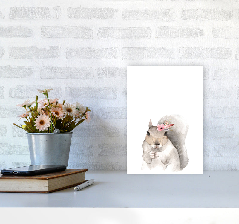 Forest Friends, Floral Cute Squirrel Modern Print Animal Art Print A4 Black Frame