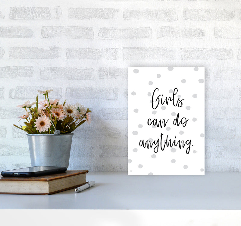 Girls Can Do Anything Grey Polka Dots Framed Typography Wall Art Print A4 Black Frame