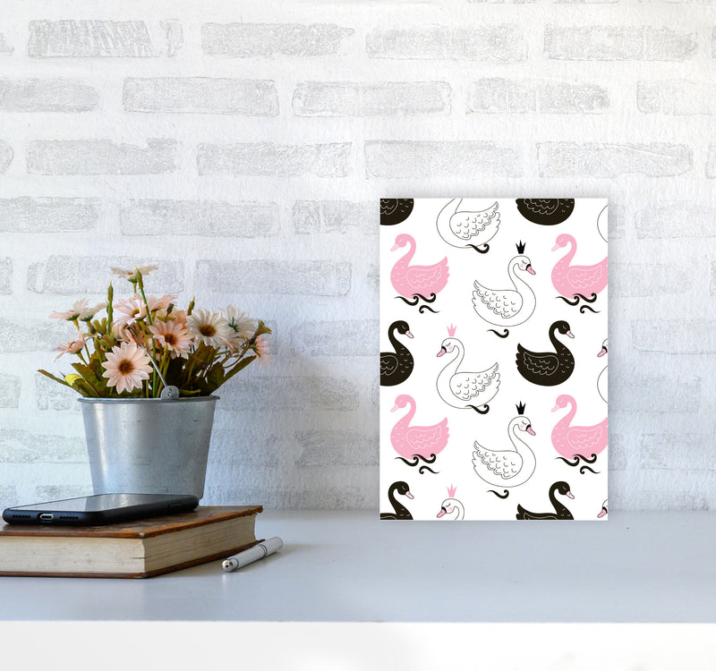 Pink Black And White Swan Pattern Modern Print Animal Art Print A4 Black Frame