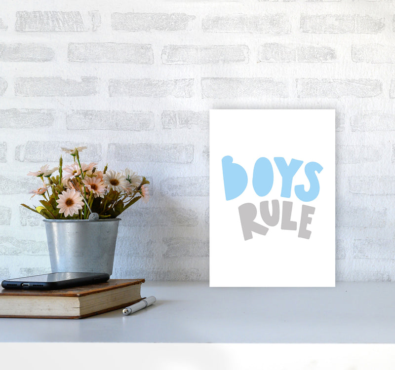 Boys Rule Grey And Light Blue Framed Typography Wall Art Print A4 Black Frame