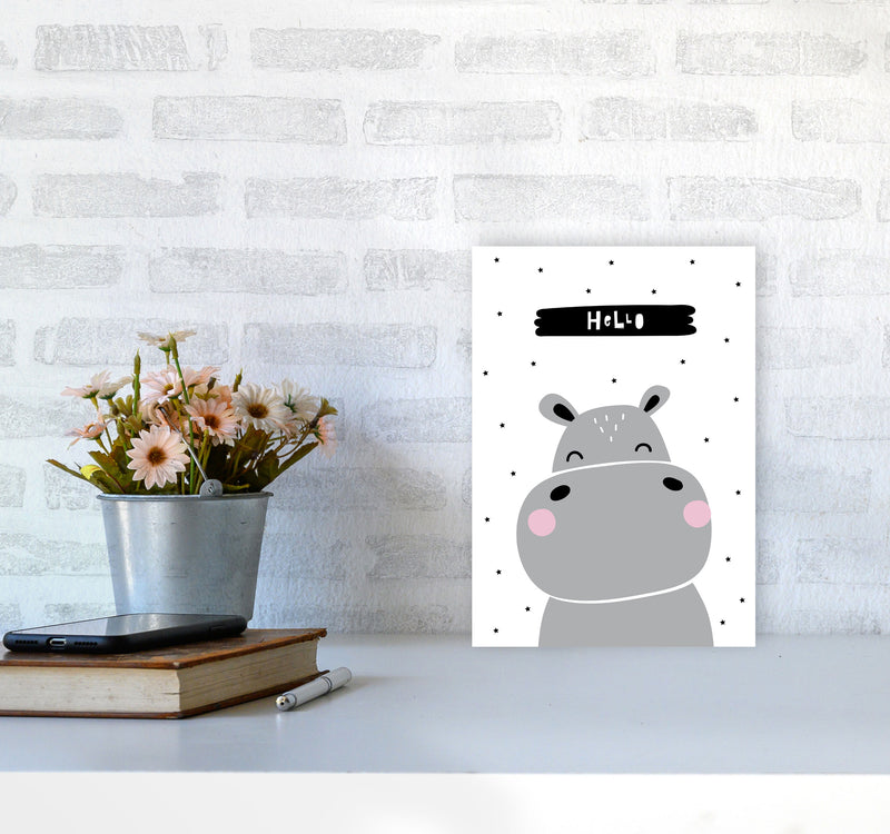 Hello Hippo Modern Print Animal Art Print A4 Black Frame