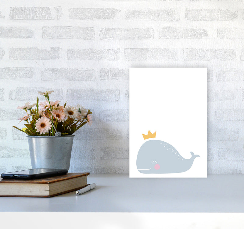 Whale With Crown Framed Nursey Wall Art Print A4 Black Frame