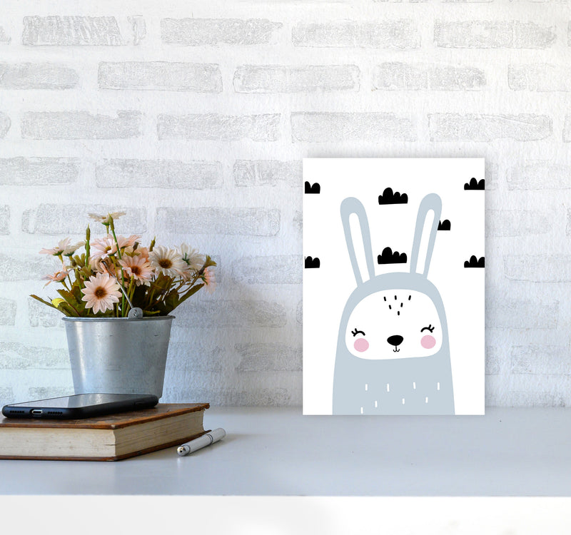 Blue Scandi Bunny With Clouds Modern Print Animal Art Print A4 Black Frame