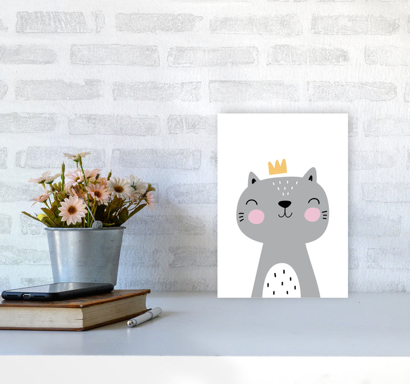 Grey Scandi Cat With Crown Modern Print Animal Art Print A4 Black Frame