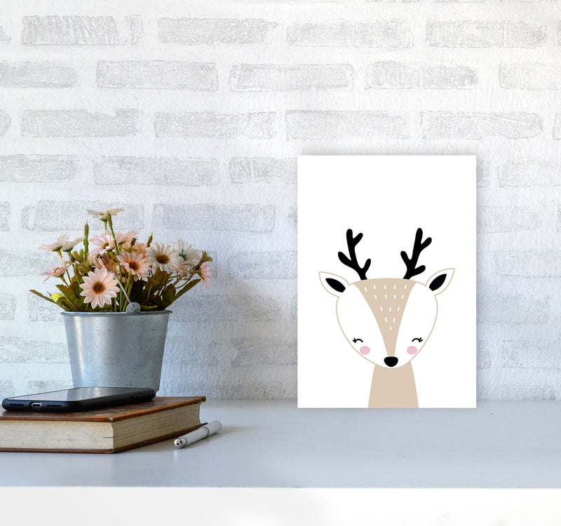 Scandi Beige Deer Framed Nursey Wall Art Print A4 Black Frame