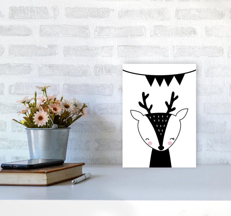Scandi Black Deer With Banner Framed Nursey Wall Art Print A4 Black Frame