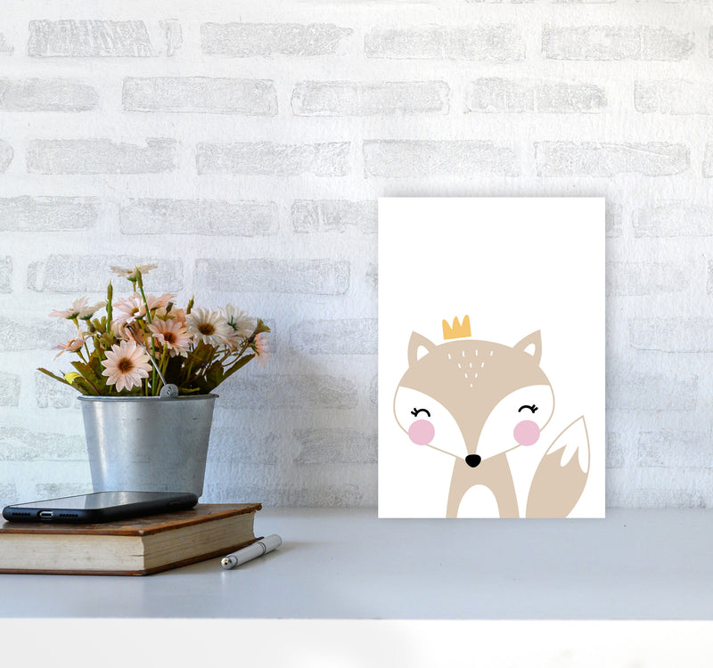 Scandi Beige Fox With Crown Framed Nursey Wall Art Print A4 Black Frame