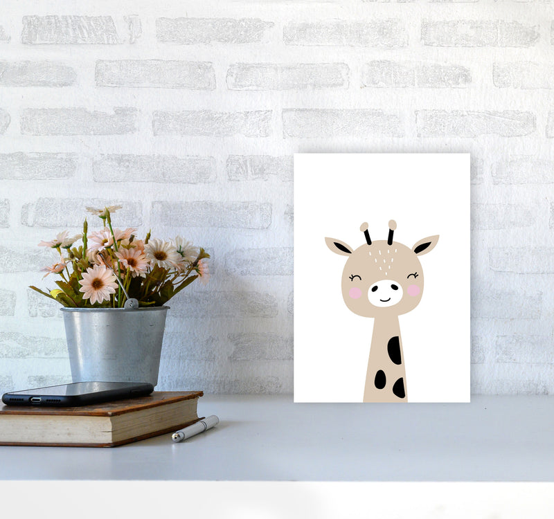 Scandi Brown Giraffe Framed Nursey Wall Art Print A4 Black Frame