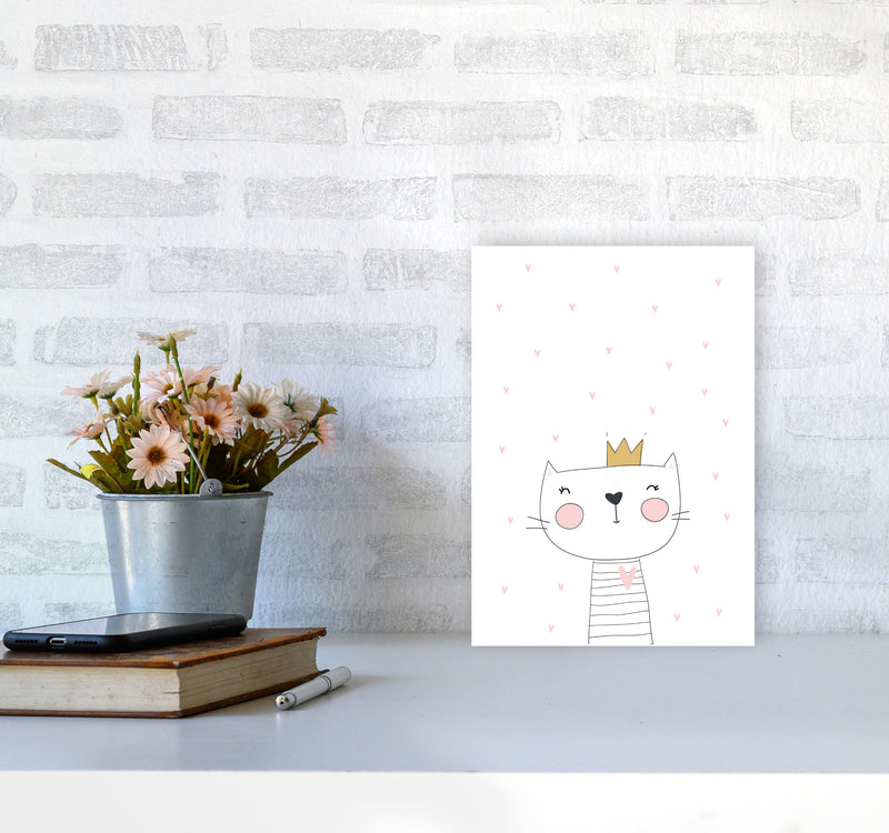 Scandi Cute Cat With Crown And Stars Framed Nursey Wall Art Print A4 Black Frame
