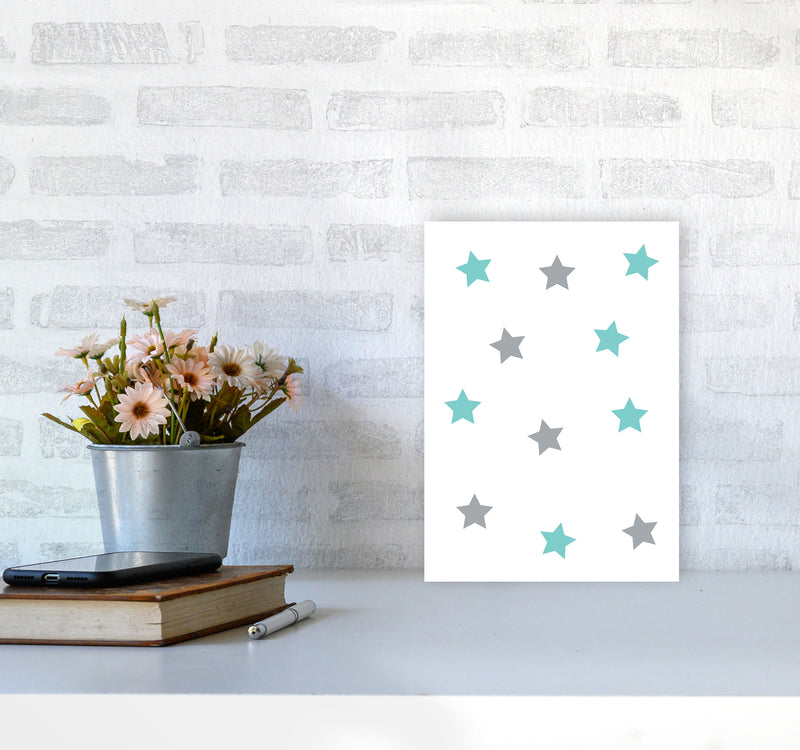 Mint And Grey Stars Framed Nursey Wall Art Print A4 Black Frame
