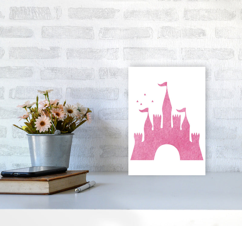 Pink Castle Watercolour Modern Print A4 Black Frame