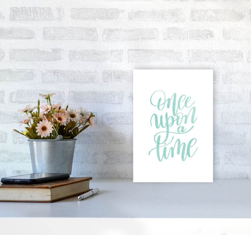 Once Upon A Time Mint Watercolour Framed Typography Wall Art Print A4 Black Frame