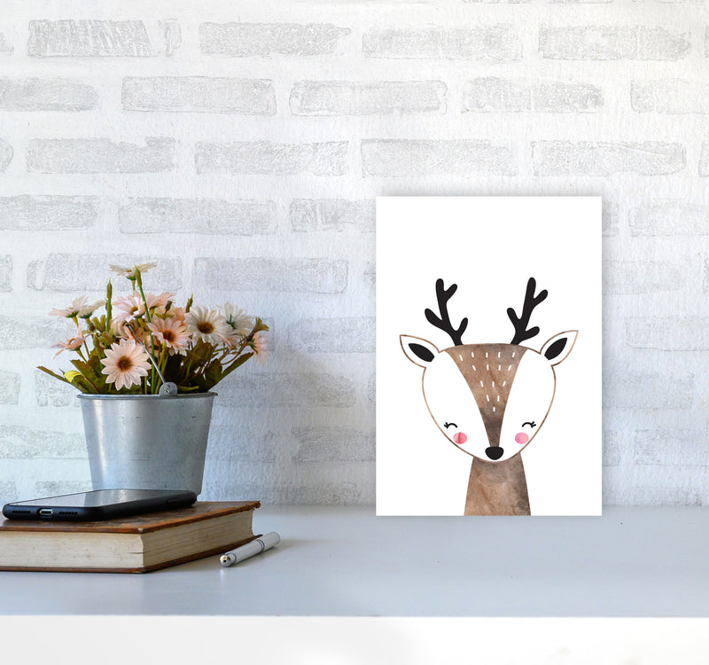 Scandi Brown Deer Watercolour Framed Nursey Wall Art Print A4 Black Frame