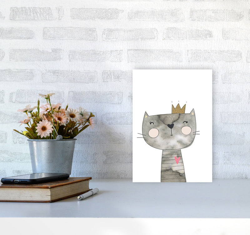 Scandi Grey Cat Watercolour Framed Nursey Wall Art Print A4 Black Frame