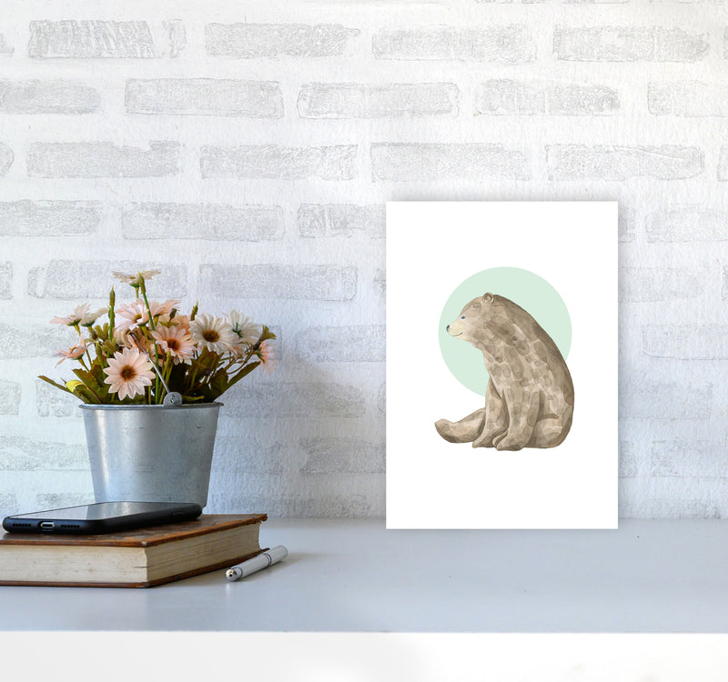 Watercolour Bear With Green Circle Modern Print Animal Art Print A4 Black Frame