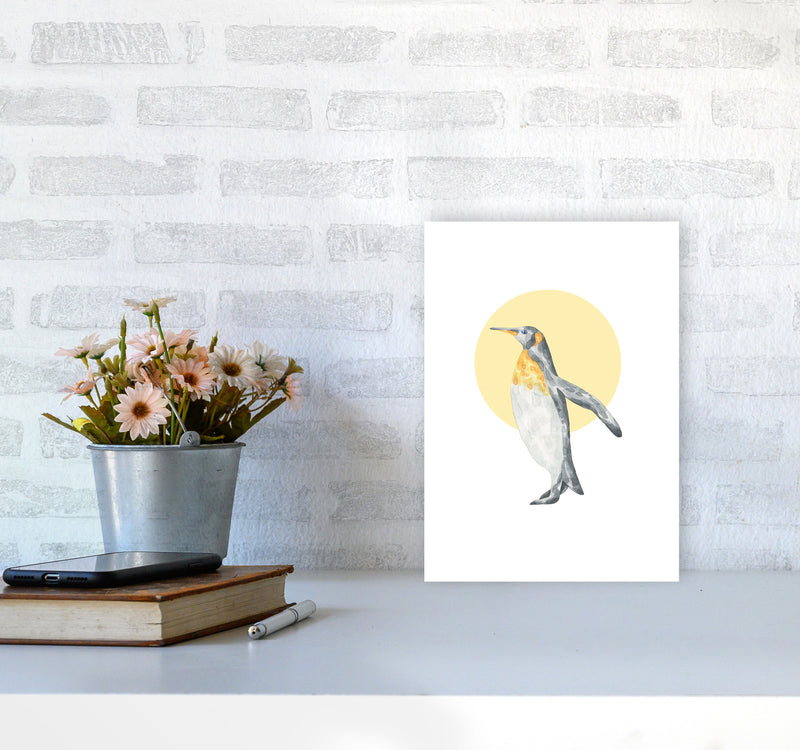 Watercolour Penguin With Yellow Circle Modern Print, Animal Art Print A4 Black Frame