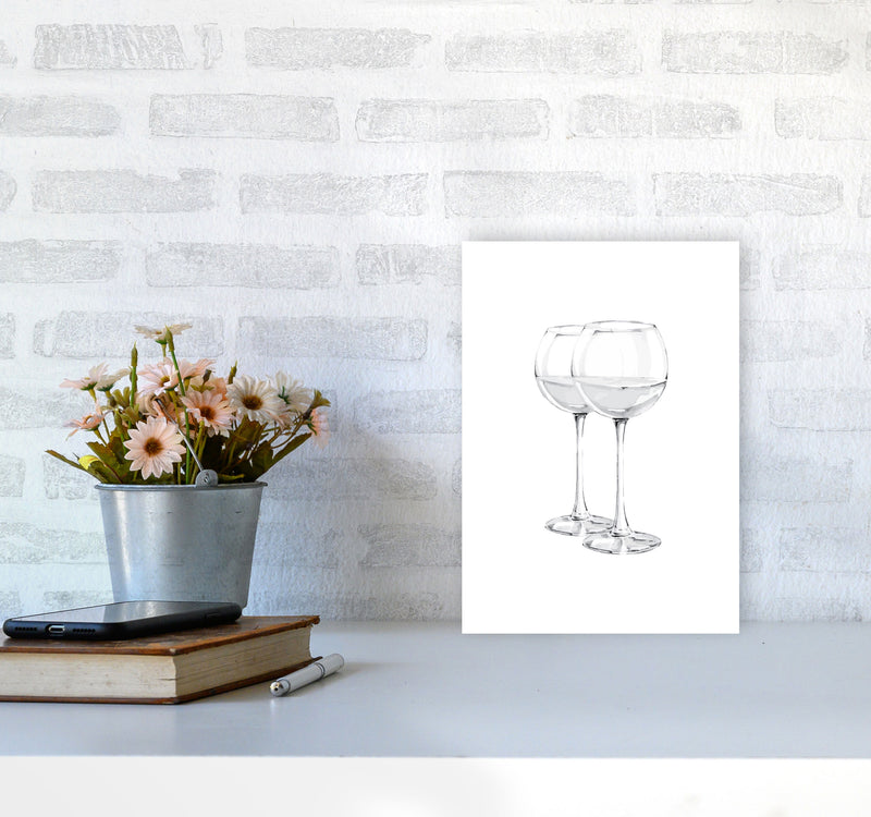 White Wine Glasses Modern Print, Framed Kitchen Wall Art A4 Black Frame