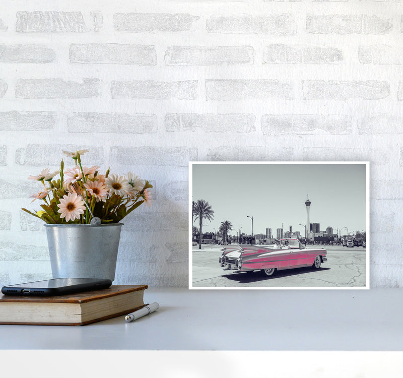 Retro Pink Car Modern Print A4 Black Frame