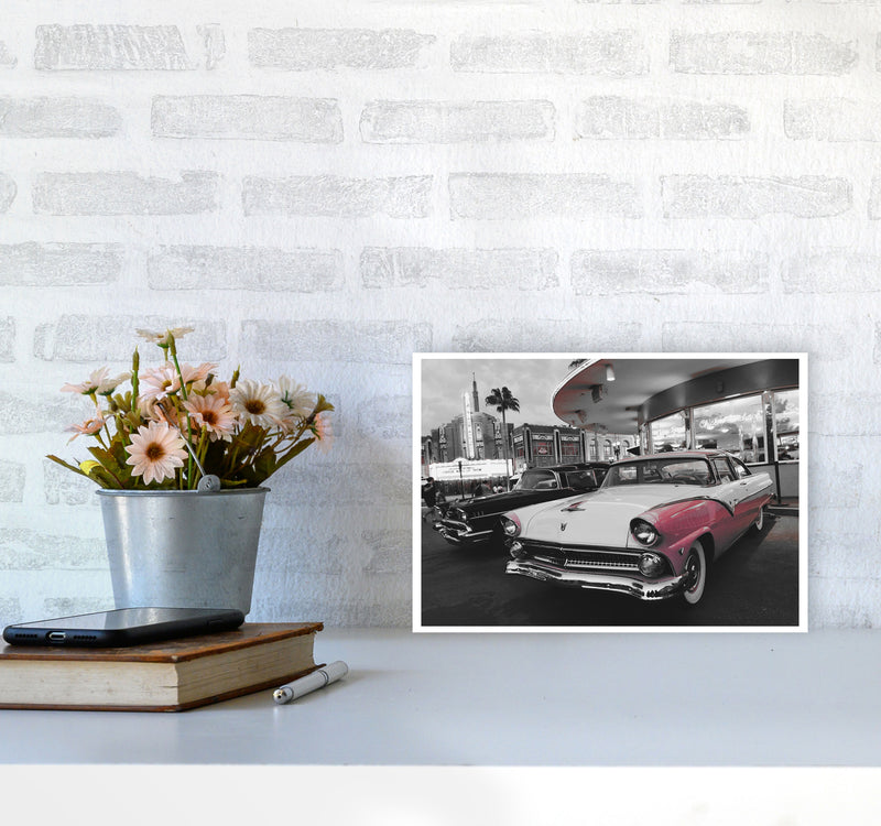 Vintage Pink And White Car Modern Print A4 Black Frame