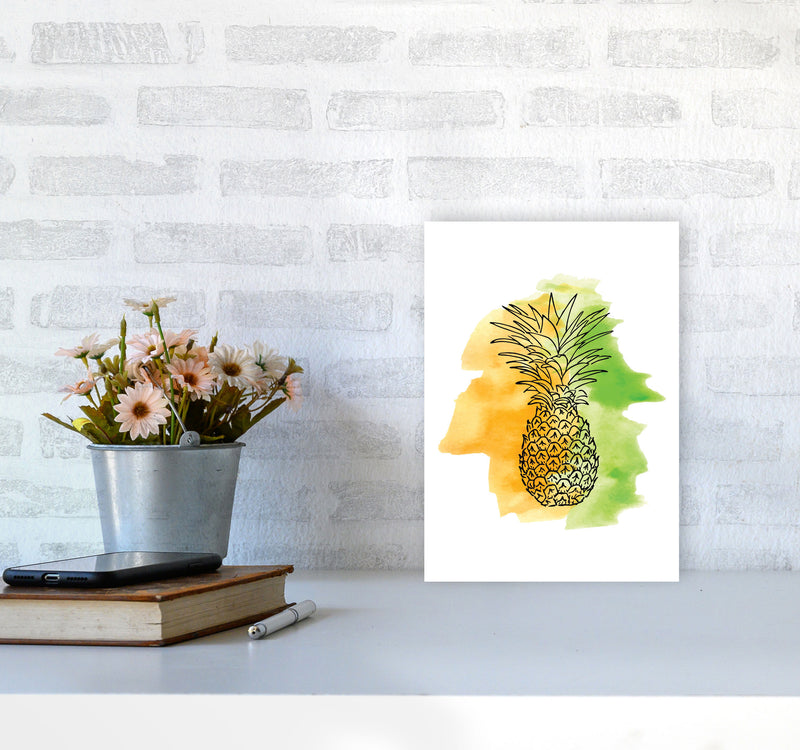 Orange And Green Pineapple Watercolour Modern Print A4 Black Frame