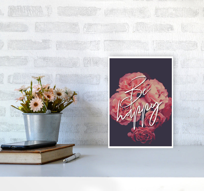 Be Happy Floral Modern Print, Framed Botanical & Nature Art Print A4 Black Frame