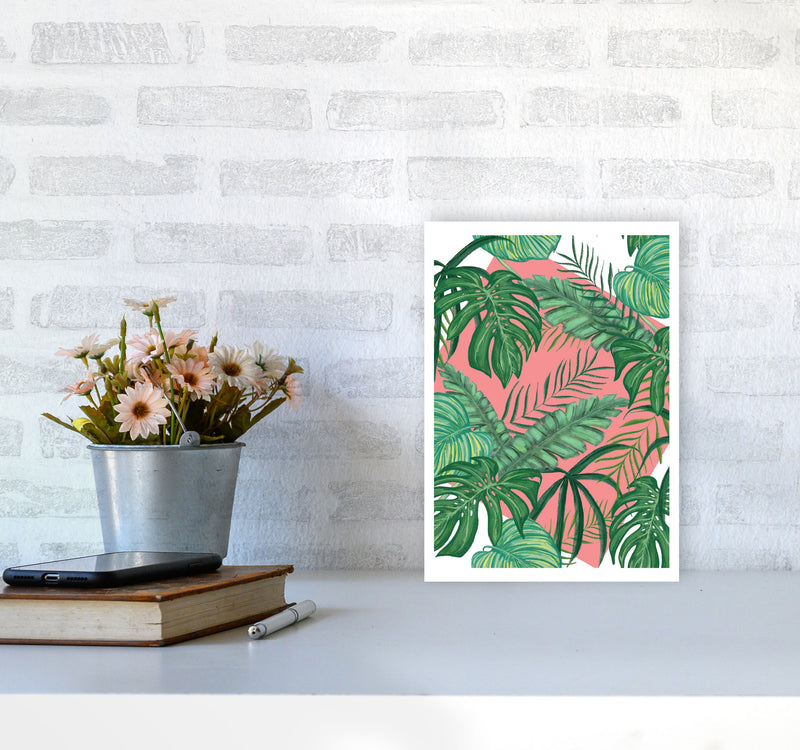 Abstract Leaves With Pink Background Modern Print, Framed Botanical Nature Art A4 Black Frame