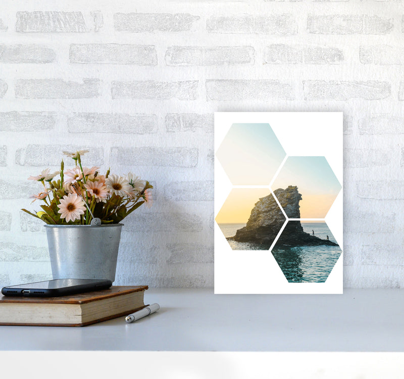 Abstract Hex Island And Sea Modern Print A4 Black Frame