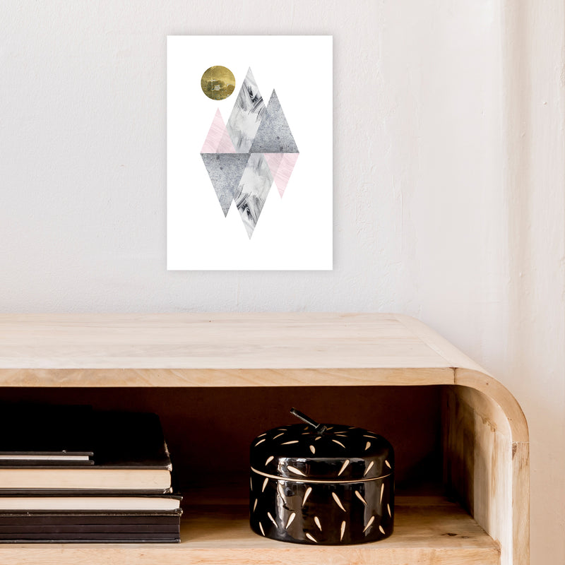 Luna Pink And Grey Diamonds With Gold Moon  Art Print by Pixy Paper A4 Black Frame
